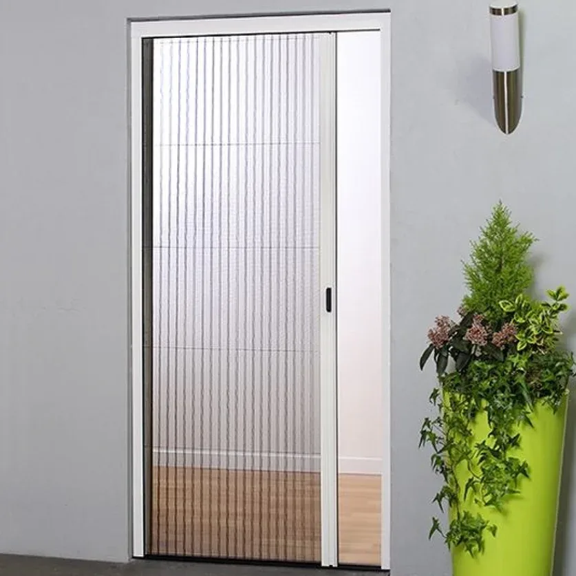 Pleated mosquito mesh door in a white frame